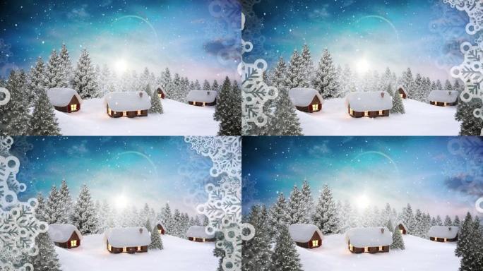 雪花图案在蓝天下的冬季景观上覆盖着多个房屋和树木