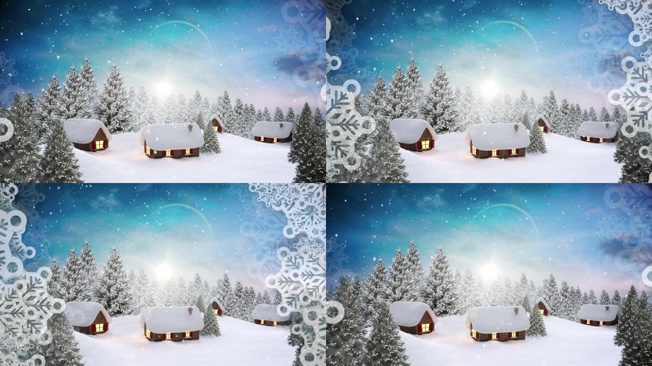 雪花图案在蓝天下的冬季景观上覆盖着多个房屋和树木
