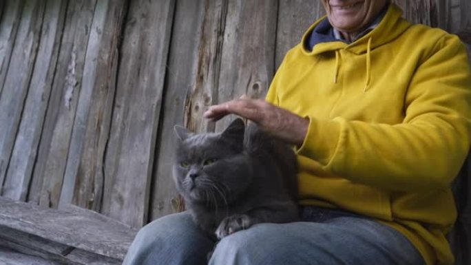 笑容灿烂的老人抚摸着灰猫