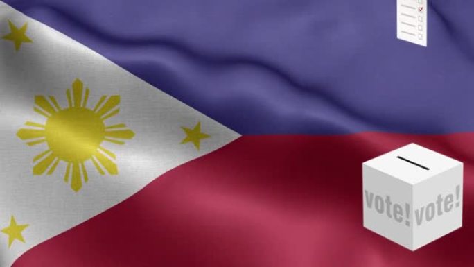 选票飞到盒子菲律宾选择-票箱前的国旗-选举-投票-菲律宾国旗-菲律宾国旗高细节-菲律宾国旗图案循环元