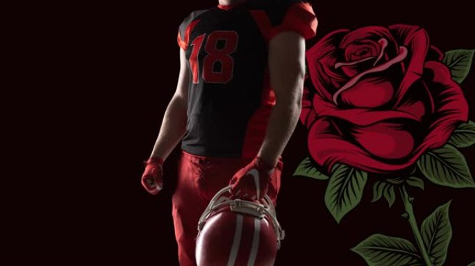 黑色的红色玫瑰上戴着头盔的美式橄榄球运动员的中段动画