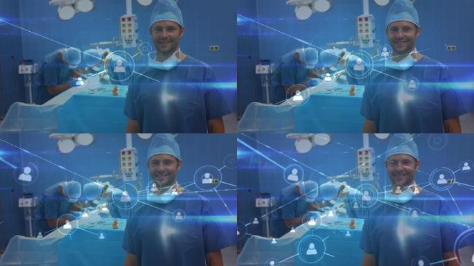 手术室中微笑的男性外科医生的连接网络动画