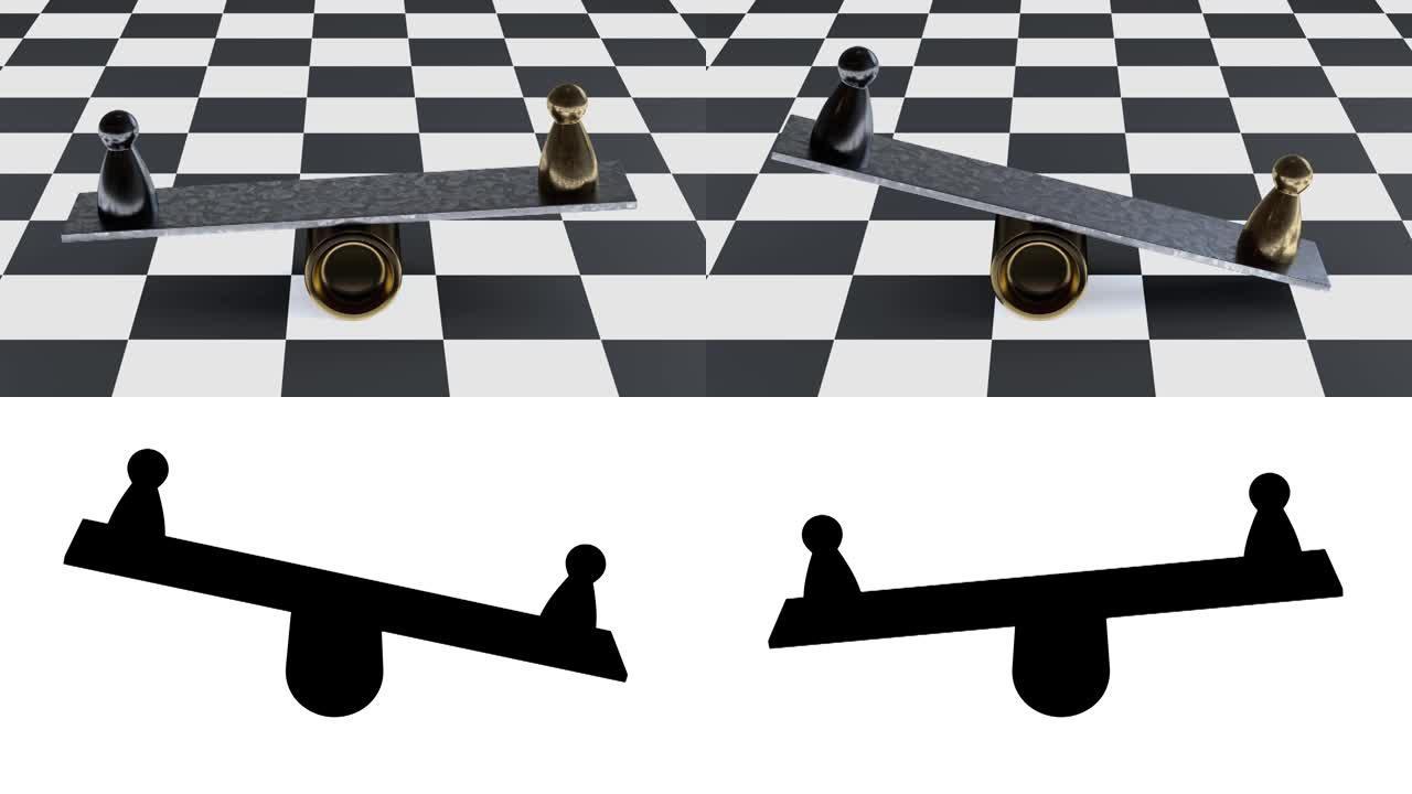 棋盘格背景上金属跷跷板上的两个棋子人物平衡
