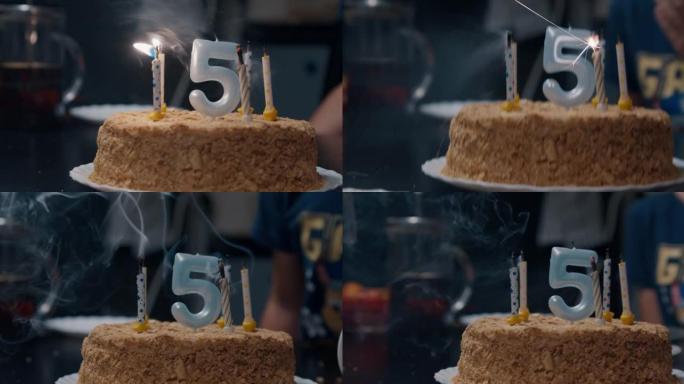 五年蜡烛生日蛋糕特写