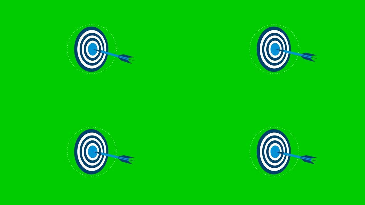 用飞镖动画蓝色目标。市场营销的概念，结果，目标，胜利，意图，目的。插图孤立在绿色背景上。