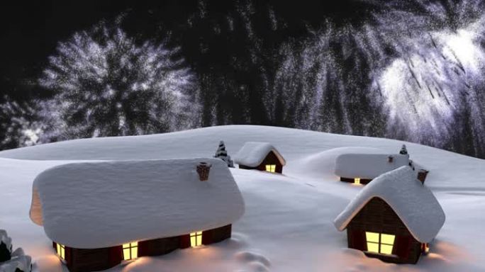 白色圣诞节和新年烟花在雪中房屋的夜空中爆炸的动画