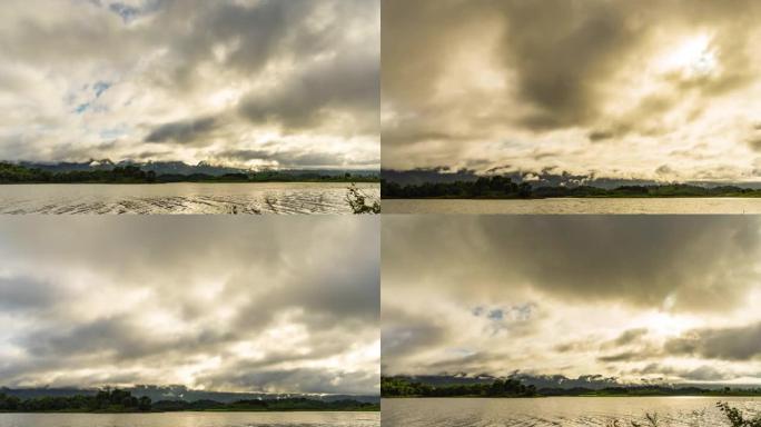 蓝天和黄昏移动的云的湖，Timelaspe视频