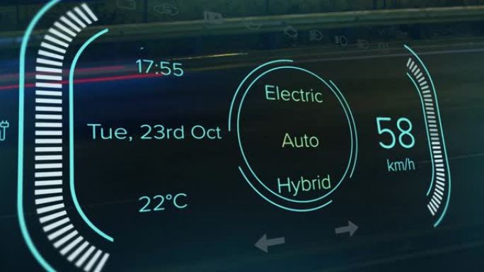 混合动力汽车界面上的速度计，功率类型，电荷和状态数据的动画