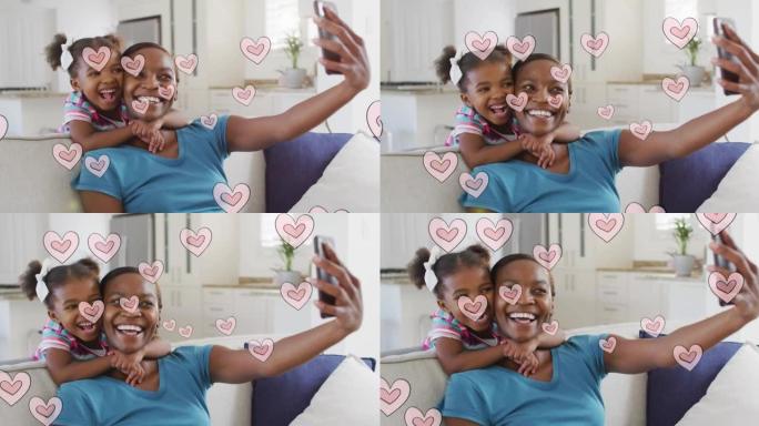 快乐的美国黑人母亲和女儿在心形上自拍的动画