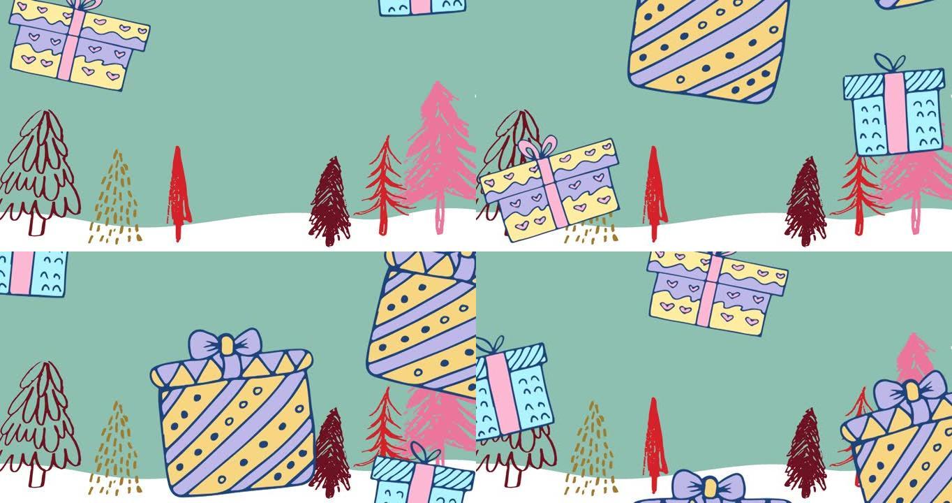 圣诞节时，与枞树一起落在蓝色背景上的礼物动画