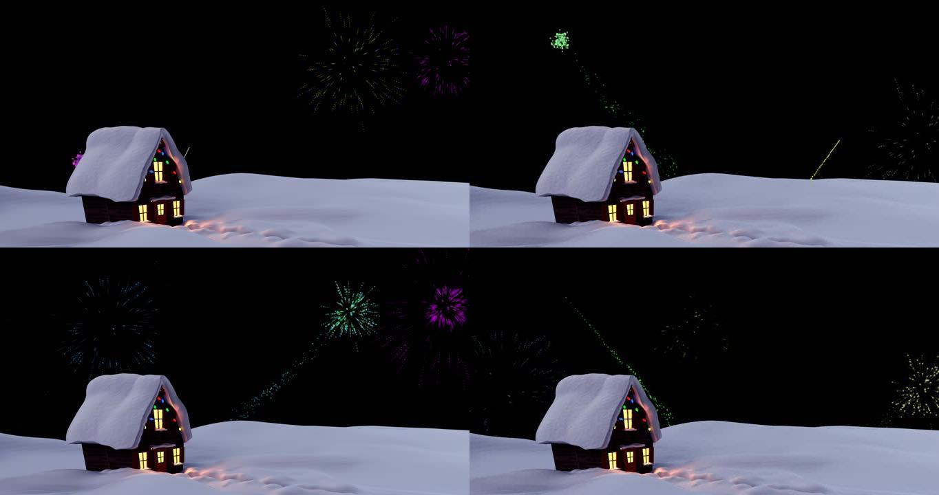 五颜六色的圣诞节和新年烟花在夜空中爆炸的动画