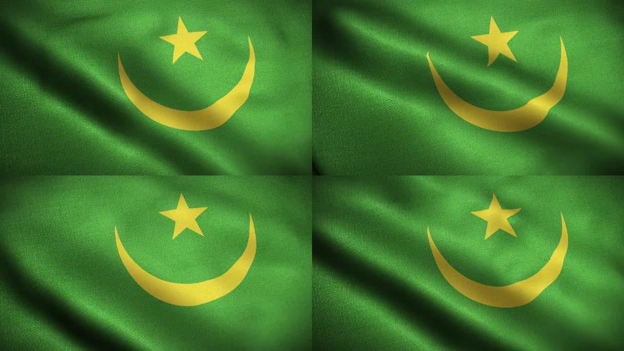 毛里塔尼亚国旗动画库存视频-毛里塔尼亚国旗在循环和纹理3d渲染背景-高度详细的织物图案和可循环-毛里