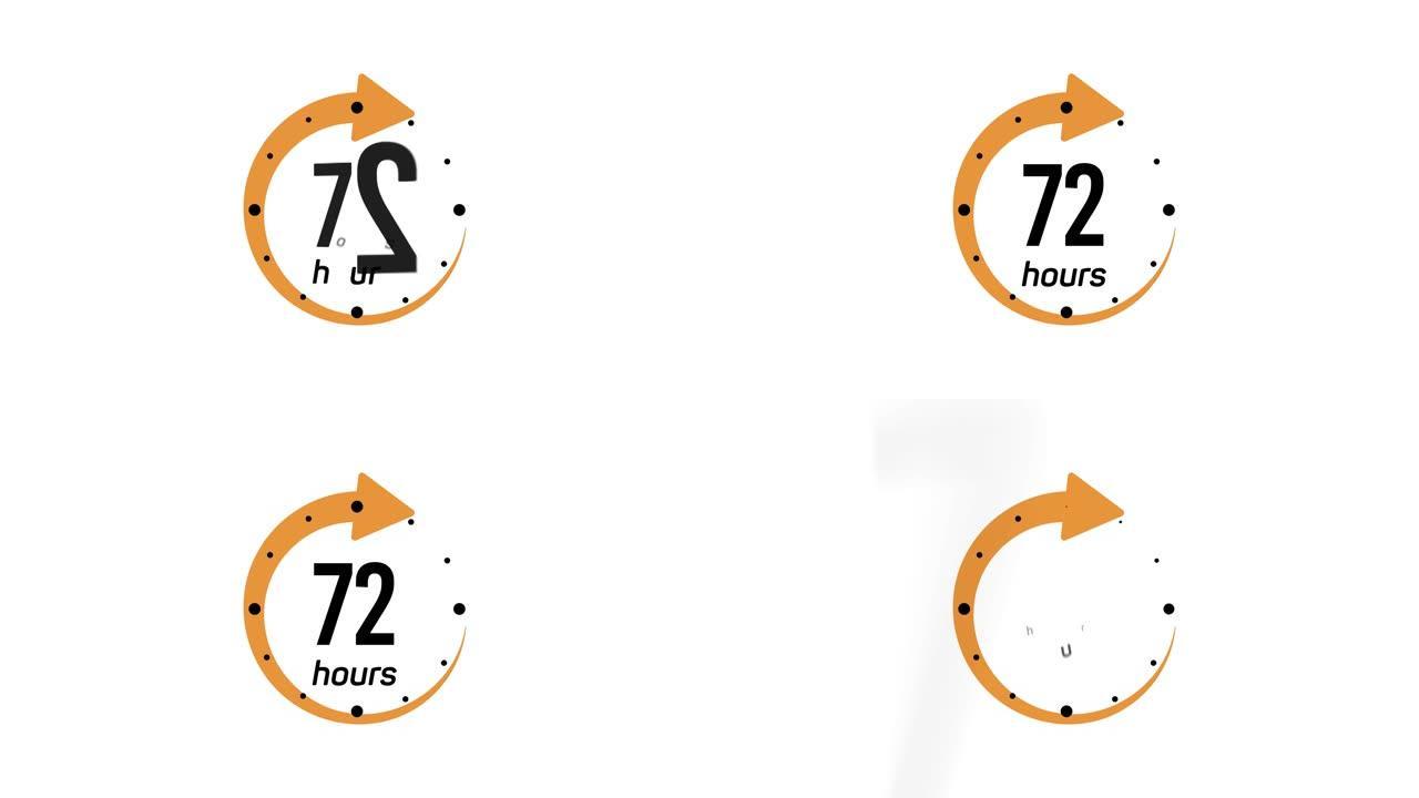 时钟72小时图标隔离在白色背景上。72小时服务符号。送货服务，在线交易剩余时间网站符号。4k视频运动