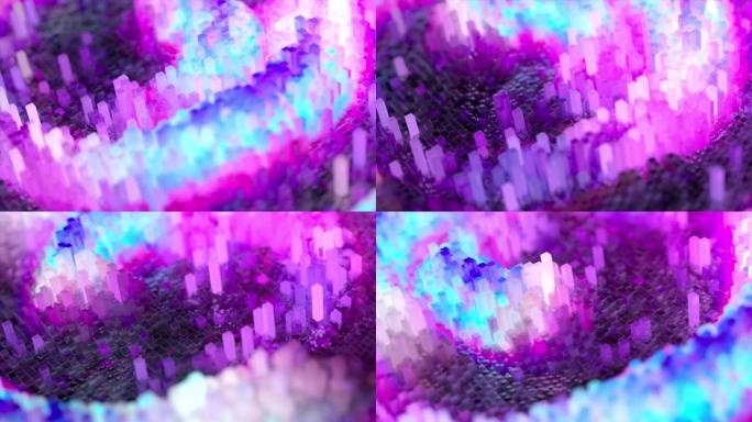 由块组成的抽象波面按混沌顺序运动。蓝色粉色。无缝循环的3d动画
