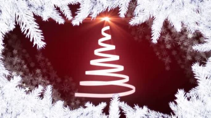 红色背景圣诞树上的圣诞白色枞树框架动画