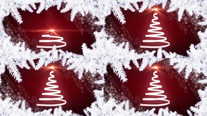 红色背景圣诞树上的圣诞白色枞树框架动画
