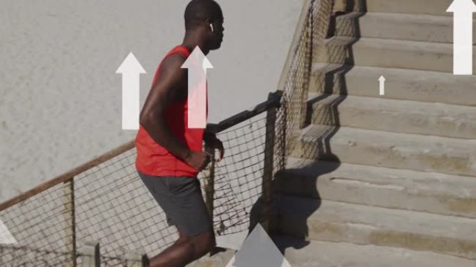 白色箭头在海滩上的非裔美国男跑步者上的动画