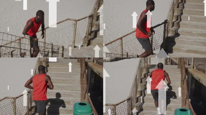 白色箭头在海滩上的非裔美国男跑步者上的动画