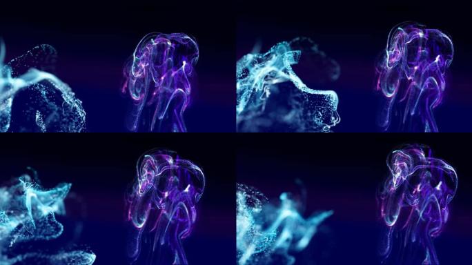 发光的蓝色和紫色粒子在黑色背景上移动的动画