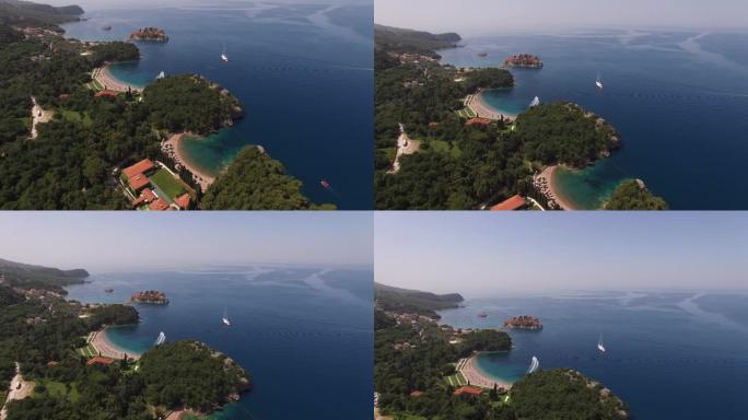 Villa Milocer附近海滨的无人驾驶飞机视图