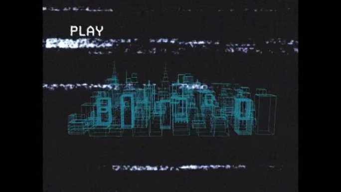 在黑色背景上旋转的3d城市绘图上播放屏幕的动画