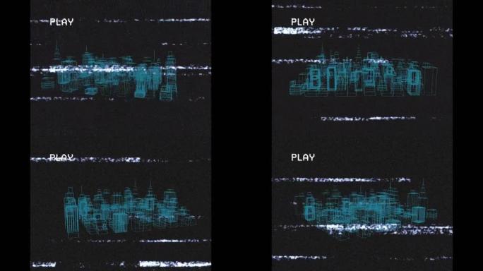 在黑色背景上旋转的3d城市绘图上播放屏幕的动画