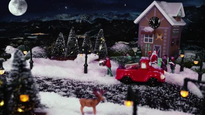 圣诞节和新年前夕2022。圣诞节村正在下雪，圣诞老人的冬季风景神奇。停止运动动画witg节日圣诞城市
