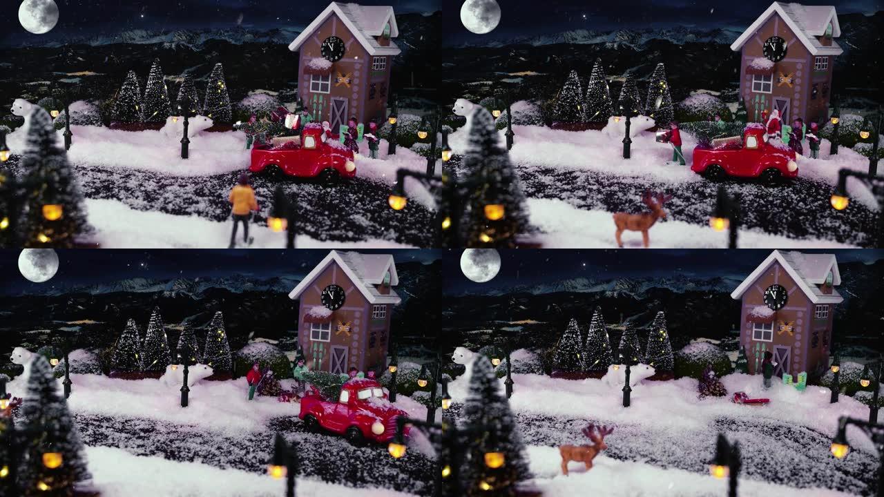 圣诞节和新年前夕2022。圣诞节村正在下雪，圣诞老人的冬季风景神奇。停止运动动画witg节日圣诞城市
