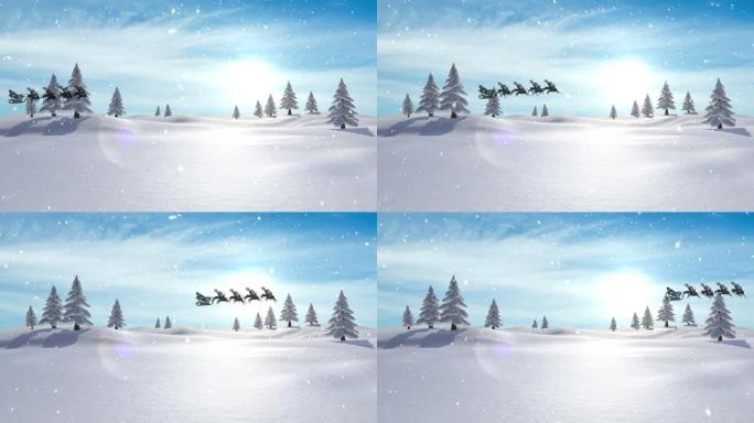 雪落在雪橇上的圣诞老人的动画与驯鹿和冬季景观