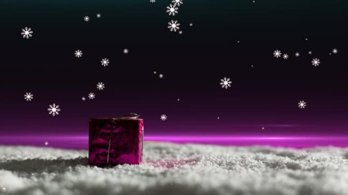 雪花在夜空中飘落在圣诞节礼物上的动画