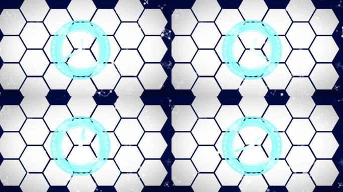 在蓝色背景上移动时钟在分子和六边形上的动画
