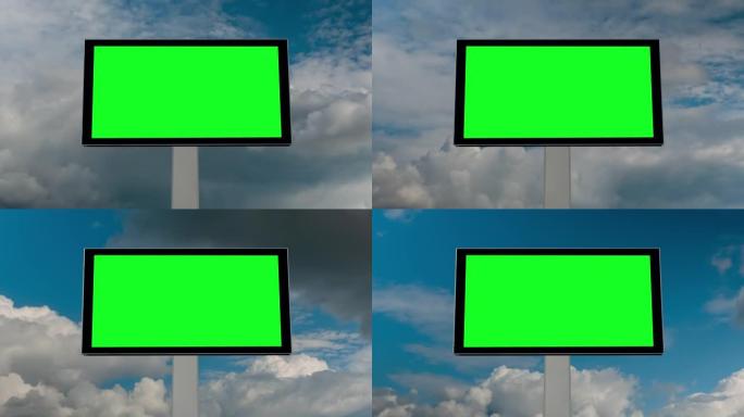 延时-空白的绿色广告牌和移动的白云再次出现蓝天
