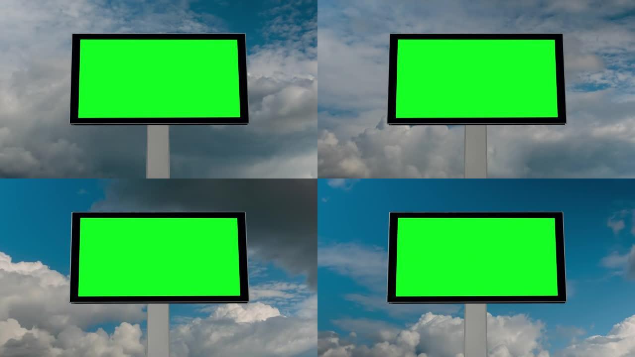 延时-空白的绿色广告牌和移动的白云再次出现蓝天