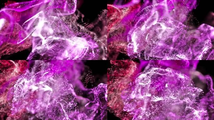 粉红色和红色粒子云在黑色背景上移动的动画