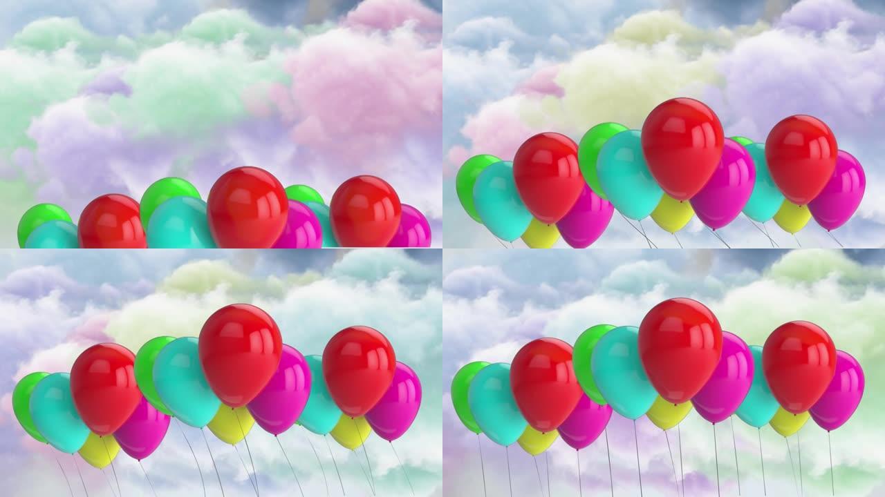 彩色气球漂浮在云层上的动画