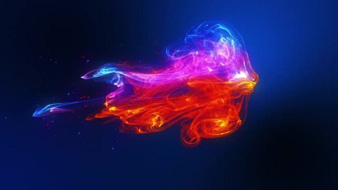 未来派水母形状发出红色蓝色彩色流体粒子波流动。