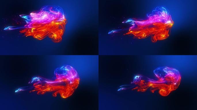 未来派水母形状发出红色蓝色彩色流体粒子波流动。