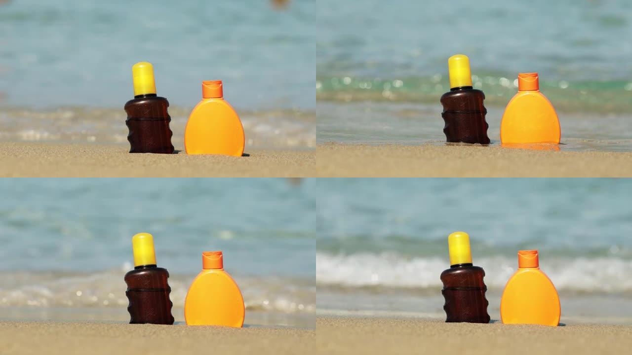 在温暖的晴天，热带海边沙滩上的防晒霜特写镜头。护肤概念