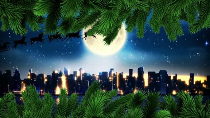 绿树树枝和雪在雪橇上的圣诞老人被驯鹿拉动在城市景观上