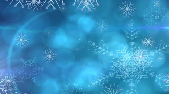 圣诞雪花落在蓝色bokeh背景上的动画