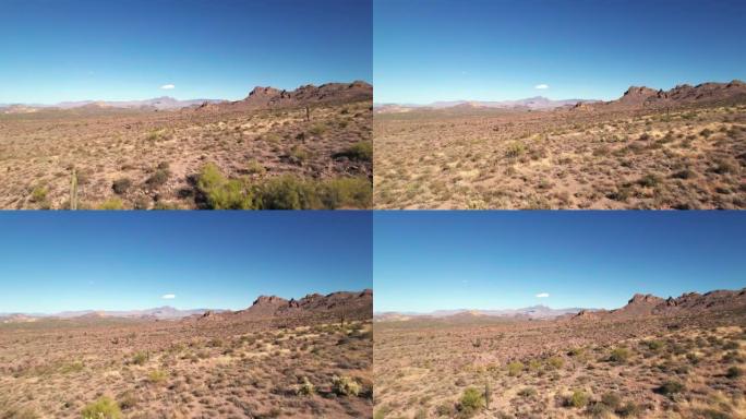 沙漠无人机在仙人掌和鼠尾草上快速飞行，蓝天和山脉背景