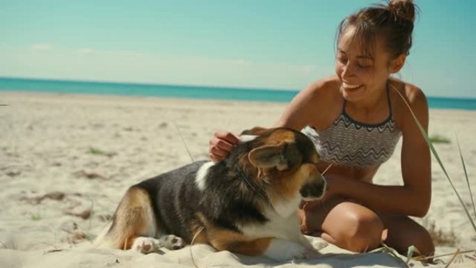 穿着比基尼的快乐深情和温柔晒黑的女人和她的宠物，可爱的威尔士柯基犬躺在阳光明媚的海滩上。女孩抚摸和亲