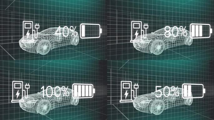 电动汽车界面上的充电状态数据的动画，通过3d汽车模型