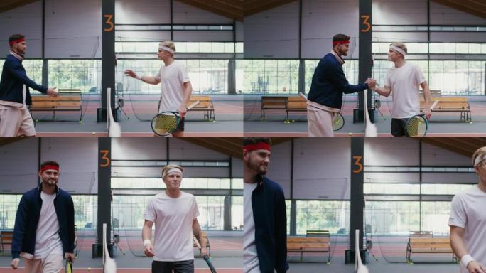 两个男人互相打招呼，在网间握手，准备打网球