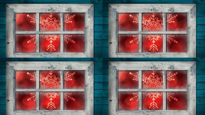 透过窗户看到的圣诞节星星上的雪的动画