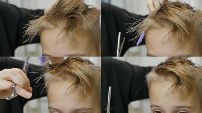 特写，慢动作100 fps，DOF: 在切割过程中稀疏的头发