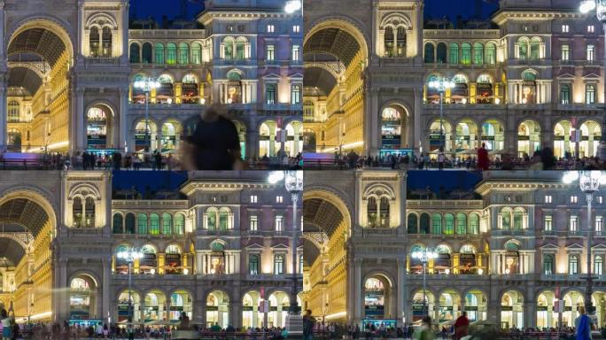 意大利夜景照明米兰市著名的大教堂广场全景4k延时