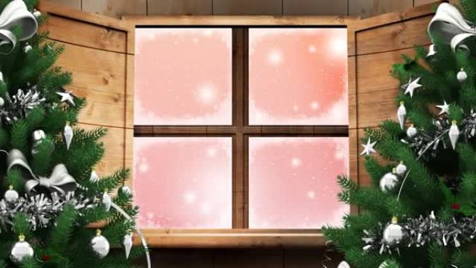 两棵圣诞树和木窗框，雪花落在粉红色背景下