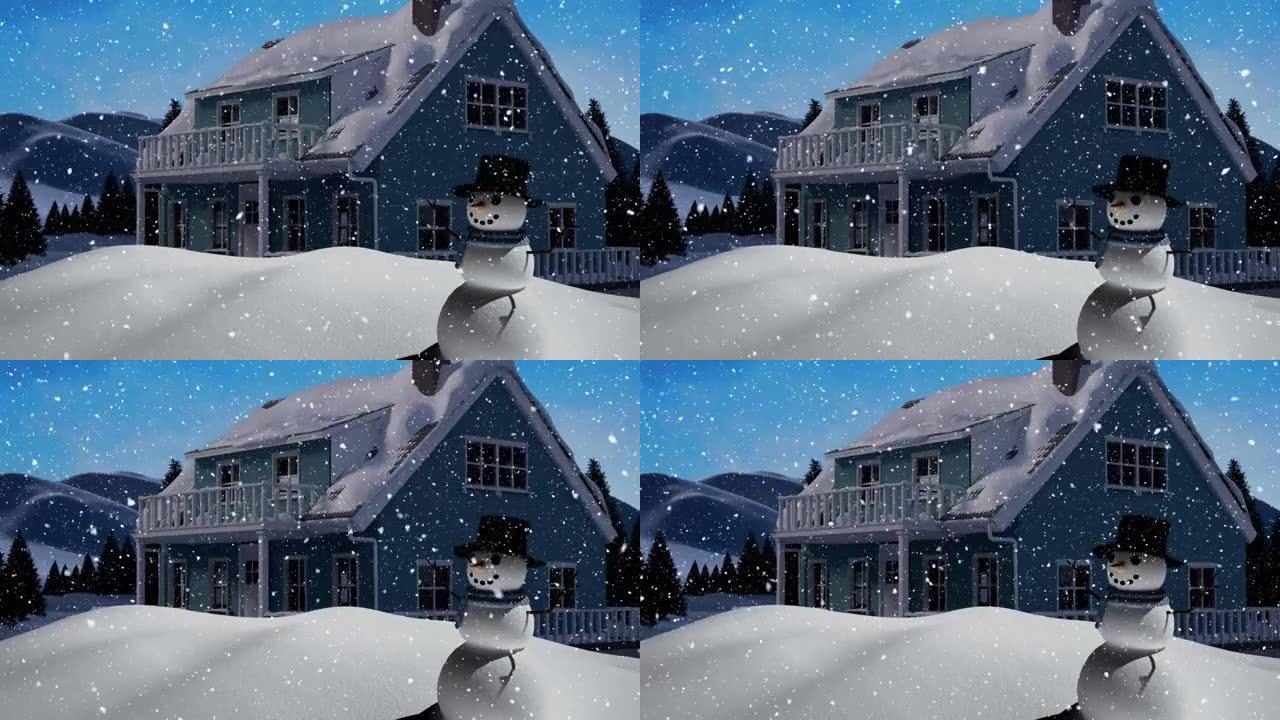 带有房屋和雪人的圣诞节风景下的雪花动画