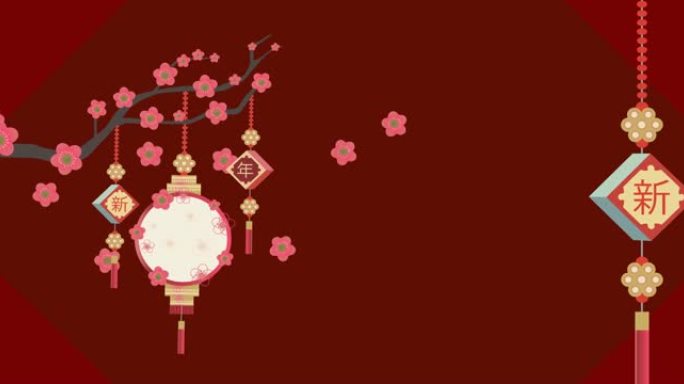 红色背景上的中国灯笼，文字和粉红色樱花的动画